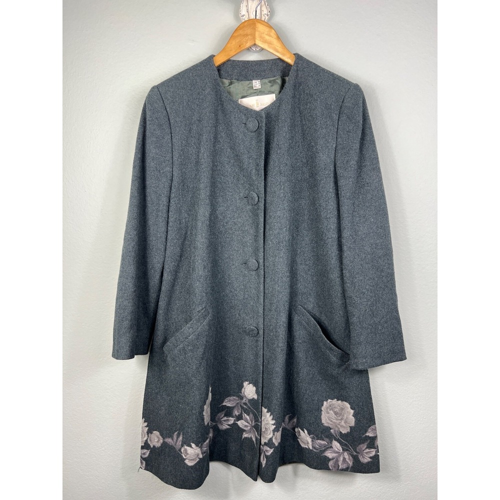 Un Jour Ailleurs Coat L Grey Floral Rose Border Print Collarless Wool Blend